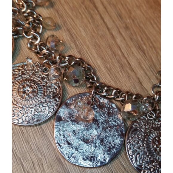 Silver tone textured hammered disc and coin like mix statement chain necklace - Picture 3 of 6
